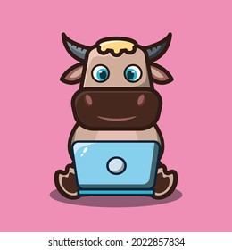 vector illustration of cute buffalo working in front of laptop ,cartoon animal concept