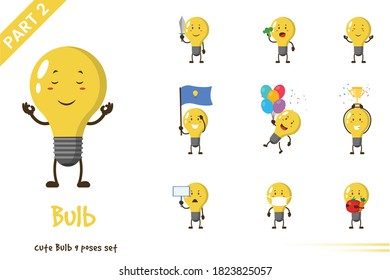 Vector illustration of cute bulb poses set. Isolated on white background.