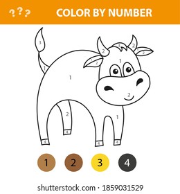 Vector illustration with a cute bull. Linear Image on white background with numbers for children - coloring book