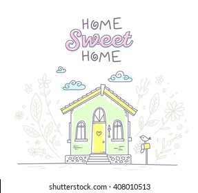 Vector illustration of cute bungalow with flowers, mail box and inscription of yellow and green colors on white background with blue clouds. Hand drawn flat line art design to make a greeting card