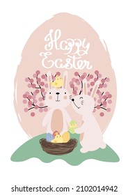 Vektorgrafik süßer Bräuche mit hellen Eiern und kleinen Hühnern. Frohe Ostern-Grüße-Text. Design für Web, Website, Banner, Poster, Karte, Papierdruck, Postkarte, Flyer