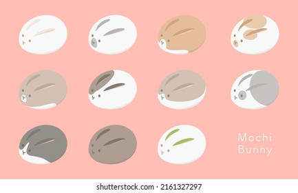 Vector illustration of cute bunnies shaped like eggs or mochi isolated on background.