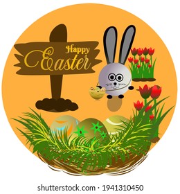 Vector Illustration A cute bunny with a basket full of easter eggs, finds three more eggs hidden in the grass on a background of orange circles