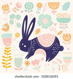 Vector illustration with cute bunny and beautiful flowers. Easter greeting card.