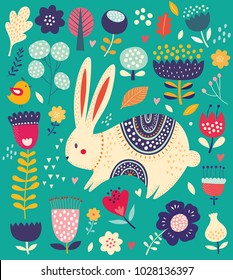 Vector illustration with cute bunny and beautiful flowers. Easter greeting card.