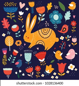 Vector illustration with cute bunny and beautiful flowers. Easter greeting card.