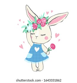 Vector illustration, cute bunny in a blue dress with a wreath on his head, isolated on a white background. Beautiful stylish drawing of a bunny girl with hearts on the background, flat style.