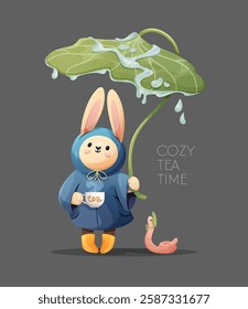 Vector illustration of a cute bunny in a blue raincoat and yellow boots holds a large leaf umbrella with dripping water, enjoying tea with a worm on a dark gray background