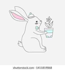 A vector illustration of a cute bunny with a bow tie in a funny hat  and with a flower pot in paws