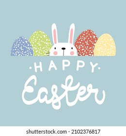 Vector illustration of cute bunny with bright eggs. Happy Easter greetings text. Design for web, site, banner, poster, card, paper print, postcard, flyer. Vector illustration