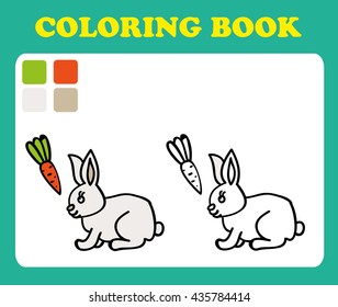 Vector illustration, cute bunny with carrot, card concept, white background. Coloring book for children, coloring book pages