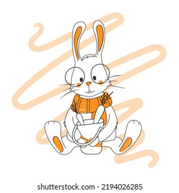 Vektorgrafik des süßen Hasen mit Karotten und Schal im Cartoon-Stil. Im selben Stil. Grafische Illustration für Kinderzimmer-Design, Karte, Plakatdekoration, für die Gestaltung von Kinderbüchern, Banner.