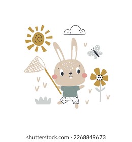 vector illustration of a cute bunny chasing a butterfly, adorable design in a trendy and minimalist scandinavian style, image for kids