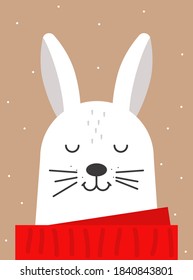 Vector illustration with cute bunny. Christmas white rabbit in red scarf. Template for poster, banner, tag