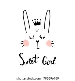 vector illustration of a cute bunny face and sweet girl hand lettering text