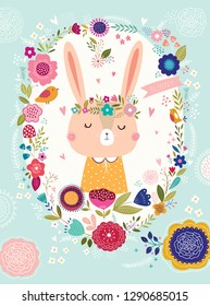 Vector illustration with cute bunny and flowers
