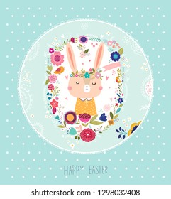 Vector illustration with cute bunny and flowers. Easter illustration