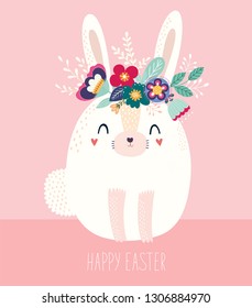 Vector illustration with cute bunny and flowers. Easter illustration