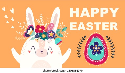 Vector illustration with cute bunny and flowers. Easter illustration