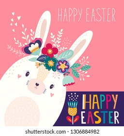 Vector illustration with cute bunny and flowers. Easter illustration