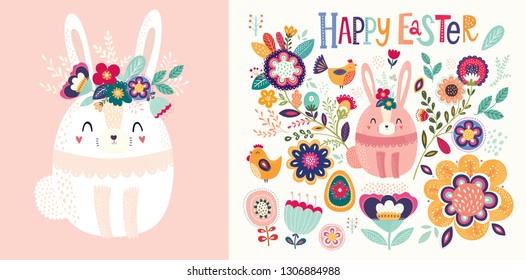 Vector illustration with cute bunny and flowers. Easter illustration