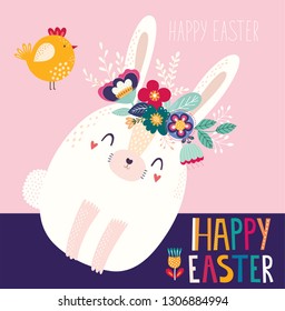 Vector illustration with cute bunny and flowers. Easter illustration
