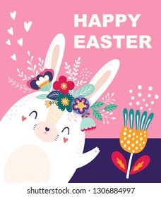 Vector illustration with cute bunny and flowers. Easter illustration