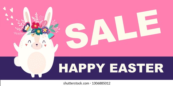 Vector illustration with cute bunny and flowers. Easter illustration