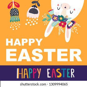 Vector illustration with cute bunny and flowers. Easter illustration