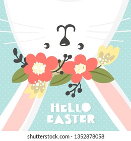 Vector illustration with cute bunny and flowers. Easter illustration