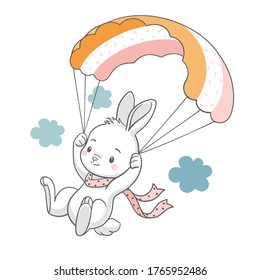 Vector illustration of a cute bunny flying with a parachute.