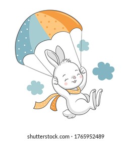 Vector illustration of a cute bunny flying with a parachute.