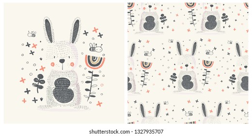 Vector illustration of a cute bunny , in the garden . with seamless pattern. set - Vector