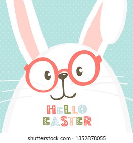 Vector illustration with cute bunny in glasses and decorative lettering. Easter illustration