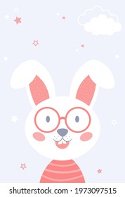 Vector illustration of cute bunny. Bunny with glasses. Illustration for nursery room. Baby girl, baby boy. Poster for nursery room