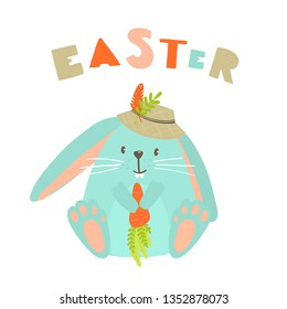 Vector illustration with cute bunny in the hat and carrot. Easter illustration