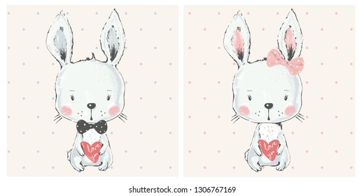 Vector illustration of cute bunny with heart. Can be used for t-shirt print, kids wear fashion design, baby shower invitation card. 
