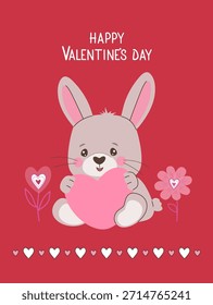 Vektorgrafik eines süßen Hasen, der ein rosafarbenes Herz mit der Nachricht "Happy Valentine s Day" hält. Der Hase ist von dekorativen Blumen und Herzen auf rotem Hintergrund umgeben.