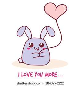Vector illustration cute bunny (kawaii animal) with balloon heart. Sweet pastel color.