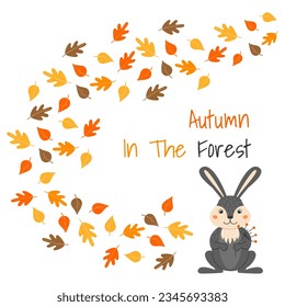 Vector illustration with a cute bunny and a leaf fall in cartoon style. Forest animals and plants. Autumn in the forest.