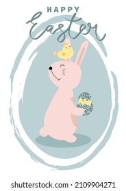 Vector illustration of cute bunny with little chickens. Happy Easter greetings text. Design for web, site, banner, poster, card, paper print, postcard, flyer