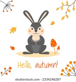 Vector illustration with cute bunny and mushroom in cartoon style. Forest animals and plants. Hello, autumn.