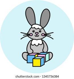 Vector illustration with a cute bunny rabbit. Back to school. Bunny plays with cubes. Children's educational illustration. Gray rabbit on a blue background. Design element for children's print.