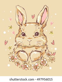 vector illustration of a cute bunny, rabbit. Hand Drawn Vector Illustration of Bunny. 