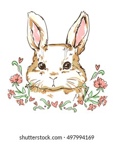 vector illustration of a cute bunny, rabbit. Hand Drawn Vector Illustration of Bunny.