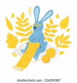 Vector illustration with cute bunny, scarf, balls of yarn and autumn leaves. Funny card with cartoon character. Bright autumn background with rabbit. 