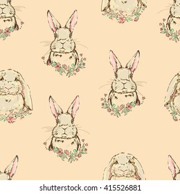 vector illustration cute bunny seamless, rabbits, flowers illustration pattern
