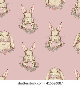 vector illustration cute bunny seamless, rabbits, flowers illustration pattern
