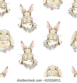 vector illustration cute bunny seamless, rabbits, flowers illustration pattern
