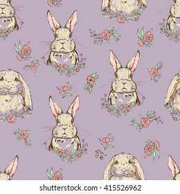 vector illustration cute bunny seamless, rabbits, flowers illustration pattern
